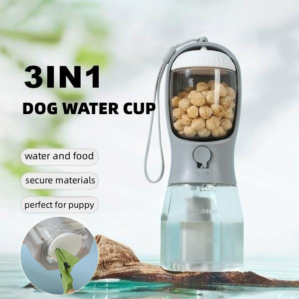 Dog Water Cup Drinking Food Garbage Bag Three-in-one Portable Small Mu
 Overview:


 1. 3-in-1 Design: This pet water bottle features a built-in 600ml water, 100g food container, and waste bag compartment, providing all-in-one conveniePet SuppliesShoparamas.comDog Water Cup Drinking Food Garbage Bag