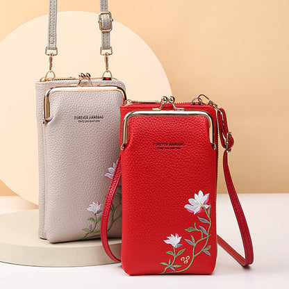 Flower Embroidery Phone Bag With Lock Buckle Outdoor Long Wallet Fashion Shoulder And Crossbody Bags