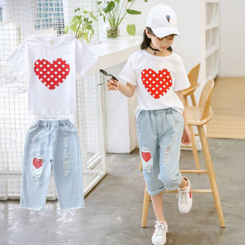 Girls White T-shirt Ripped Jeans Kids Suit