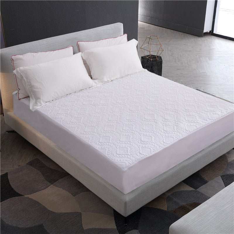 Moisture-proof mattress protector
 Product Category: Bed Cover
 
 Material: 100% polyester fiber
 
 pattern: plain
 
 Weaving process: Ultrasonic embossing
 
 Pillowcase: paired with ordinary solid Bedding & DecorShoparamas.comMoisture-proof mattress protector