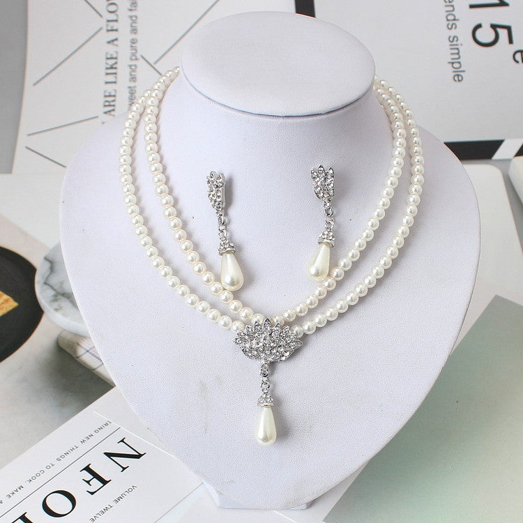 European And American Jewelry Bride Pearl Crystal With Short Collarbone Neck Necklace Set Earrings Korean Version Temperament