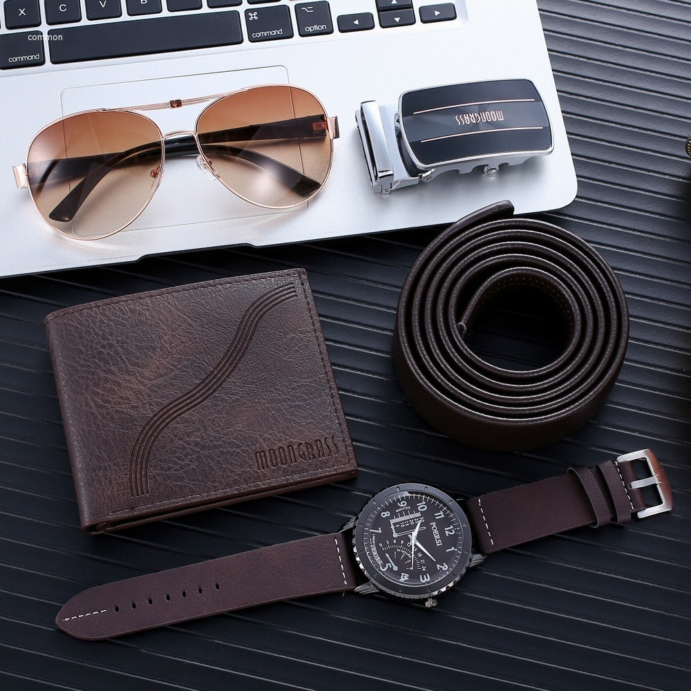 Watch Temperament Belt Wallet Glasses Suit
 Product information:
 
 Color: Brown watch suit
 
 Thickness: 10mm
 
 Packing specification: opp
 
 Applicable people: Male
 
 Style: Fashion
 

Packing list: 

Wa0Shoparamas.comWatch Temperament Belt Wallet Glasses Suit