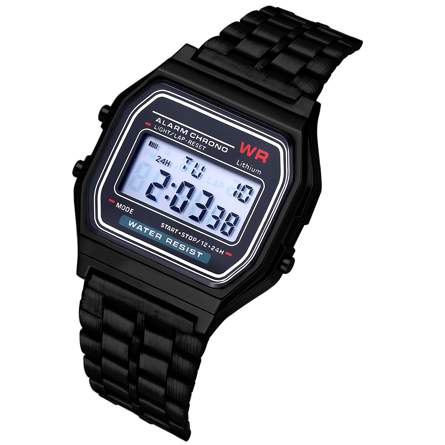 WR F91W Steel Band Electronic Watch
 Display type: Number
 
 Waterproof: No
 
 Movement type: Electronic
 
 Thickness: 10mm
 
 Dial diameter: 20mm
 
 Crown Type: Spiral Crown
 
 Mirror material: plast0Shoparamas.comWR F91W Steel Band Electronic Watch