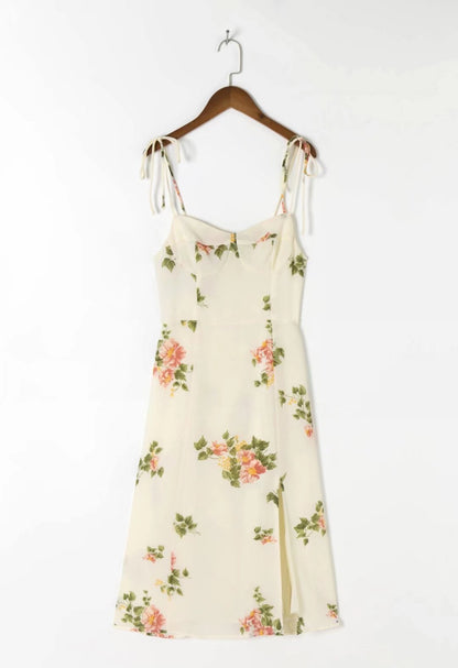 High Waist Slim Fit Strap Type Temperament Commute Flower Printing Slip Dress