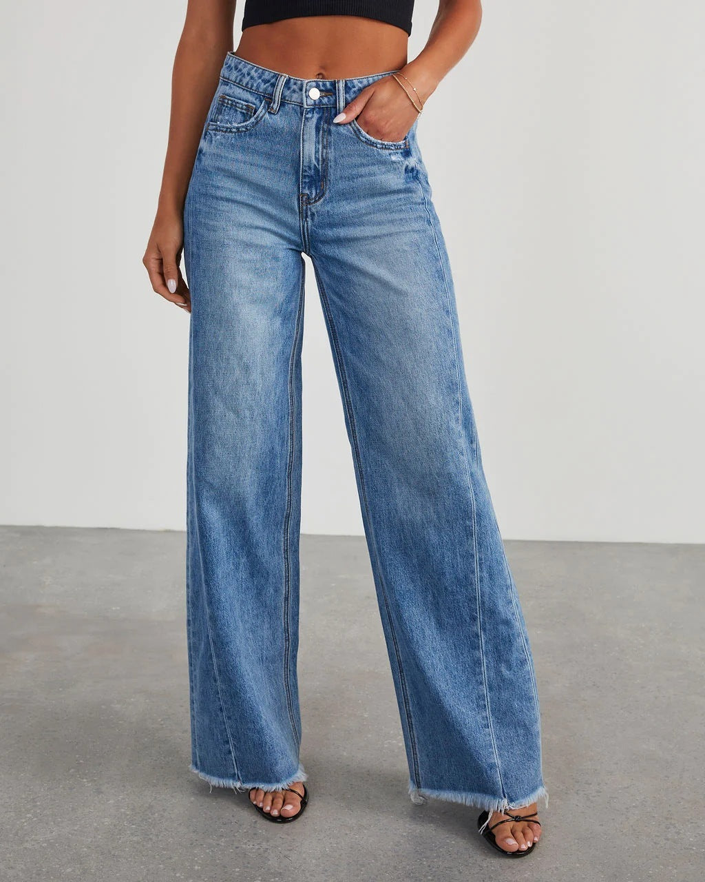 Women's Loose Wide-leg Side Seam Stitching Frayed Hem Jeans