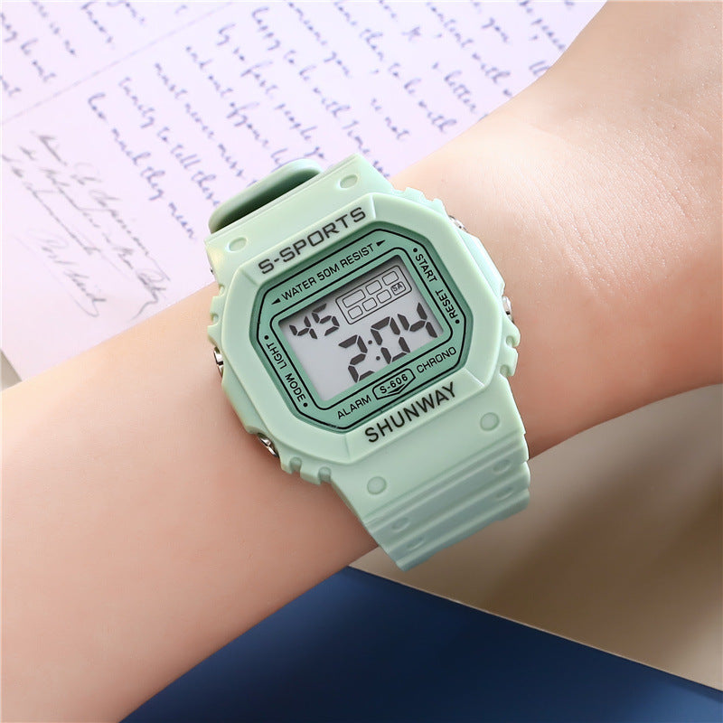 Waterproof Luminous Small Square Student Electronic Watch
 Product information:
 
 Display type: number
 
 Style: Sports
 
 Waterproof performance: 50m
 
 Movement type: electronic
 
 Dial diameter: 44mm
 
 Thickness: 14.50Shoparamas.comWaterproof Luminous Small Square Student Electronic Watch