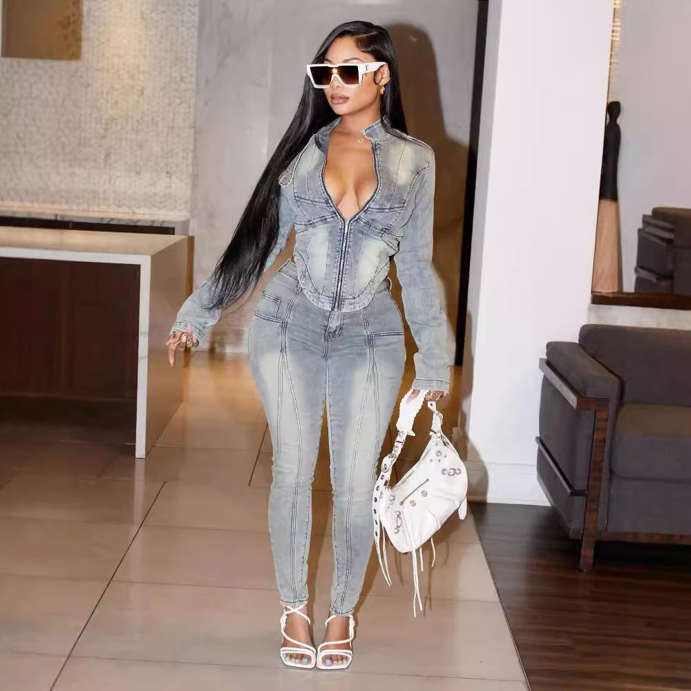 Denim Long-sleeved Tops Elastic Pants Suit