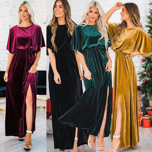 Summer Elegant Dress Gold Velvet Round Neck High Slit Evening Dress For Women