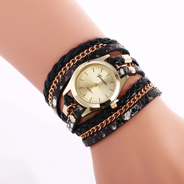 Ladies Wrap Watch Fashion Leopard Weave Bracelet Watch*style: Casual 
 *Waterproof 
*Cycle type Quartz
 *Mirror material ordinary glass mirror 
* strap material other 

 * Dial shape Round *Shell material alloy
 

* HeaWatchesShoparamas.comLadies Wrap Watch Fashion Leopard Weave Bracelet Watch