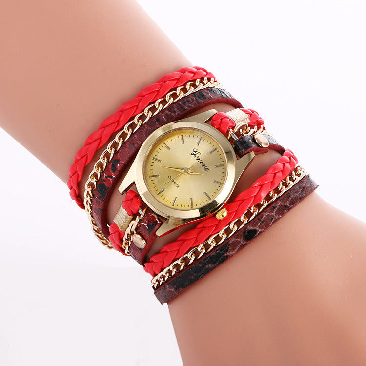 Ladies Wrap Watch Fashion Leopard Weave Bracelet Watch*style: Casual 
 *Waterproof 
*Cycle type Quartz
 *Mirror material ordinary glass mirror 
* strap material other 

 * Dial shape Round *Shell material alloy
 

* HeaWatchesShoparamas.comLadies Wrap Watch Fashion Leopard Weave Bracelet Watch