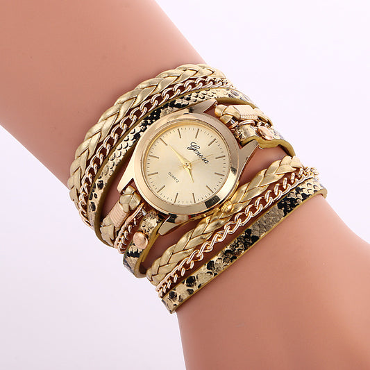 Ladies Wrap Watch Fashion Leopard Weave Bracelet Watch*style: Casual 
 *Waterproof 
*Cycle type Quartz
 *Mirror material ordinary glass mirror 
* strap material other 

 * Dial shape Round *Shell material alloy
 

* HeaWatchesShoparamas.comLadies Wrap Watch Fashion Leopard Weave Bracelet Watch