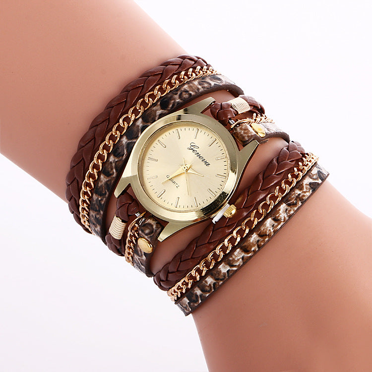 Ladies Wrap Watch Fashion Leopard Weave Bracelet Watch*style: Casual 
 *Waterproof 
*Cycle type Quartz
 *Mirror material ordinary glass mirror 
* strap material other 

 * Dial shape Round *Shell material alloy
 

* HeaWatchesShoparamas.comLadies Wrap Watch Fashion Leopard Weave Bracelet Watch