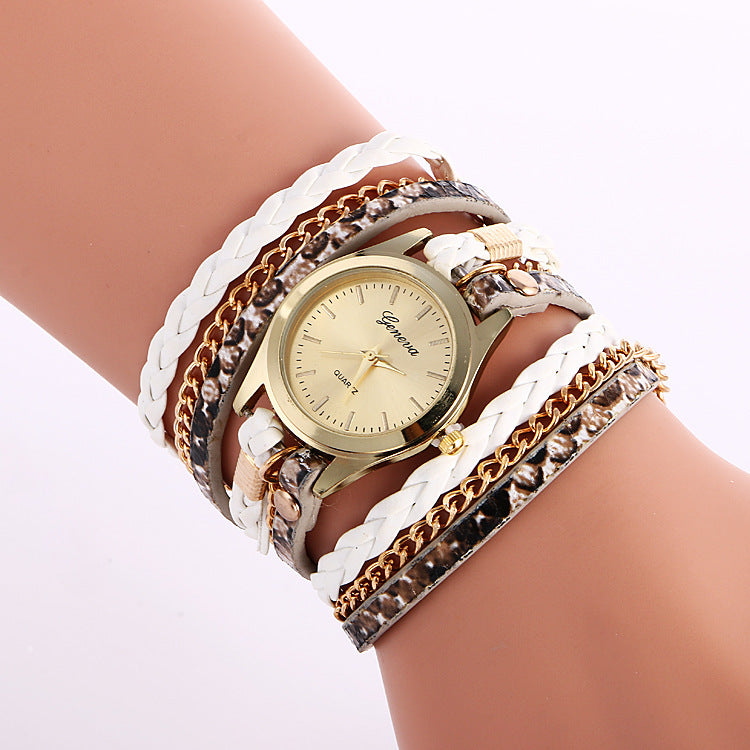 Ladies Wrap Watch Fashion Leopard Weave Bracelet Watch*style: Casual 
 *Waterproof 
*Cycle type Quartz
 *Mirror material ordinary glass mirror 
* strap material other 

 * Dial shape Round *Shell material alloy
 

* HeaWatchesShoparamas.comLadies Wrap Watch Fashion Leopard Weave Bracelet Watch