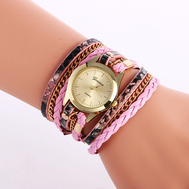 Ladies Wrap Watch Fashion Leopard Weave Bracelet Watch*style: Casual 
 *Waterproof 
*Cycle type Quartz
 *Mirror material ordinary glass mirror 
* strap material other 

 * Dial shape Round *Shell material alloy
 

* HeaWatchesShoparamas.comLadies Wrap Watch Fashion Leopard Weave Bracelet Watch