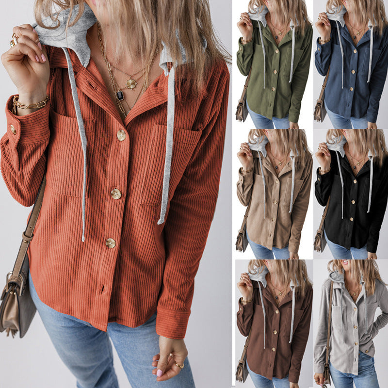 Lapel Buckle Cardigan Pouch Hooded Drawstring Striped Coat