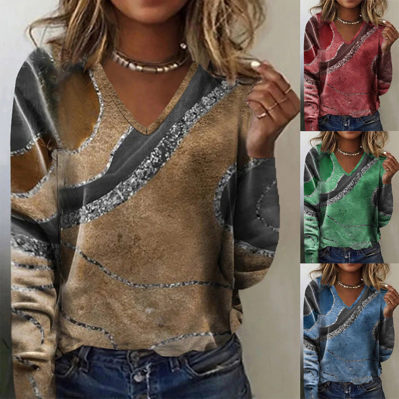 European And American New Fall Winter Fashion V-neck Printed Long-sleeved Top Women