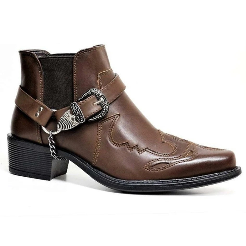 Fashion Personality Belt Buckle Thick Heel Pointed Men's Boots