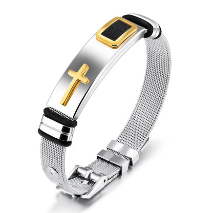 Steel mesh bracelet bracelet Bracelet gold cross titanium steel men's Material: Stainless steel
StyleMaterial: Stainless steel

 Style: Korean style/Korean style
 
 Style: Men's
 
 Modeling: geometric
 
 Applicable gift-giving occasion0Shoparamas.comSteel mesh bracelet bracelet Bracelet gold cross titanium steel men'