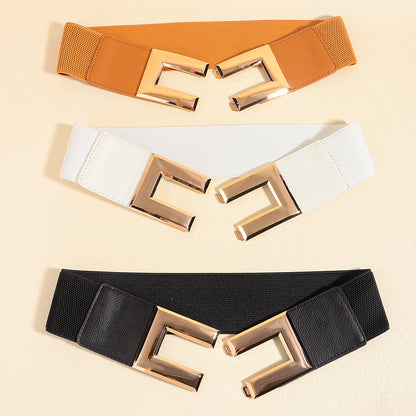 Women's Simple Temperament Elastic Wide Belt Metal Square Buckle Belt Suit Jacket Dress Multi-colored Casual Belt