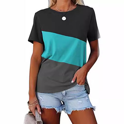 Spring And Summer Color-block Crew Neck Loose Casual Short-sleeved T-shirt