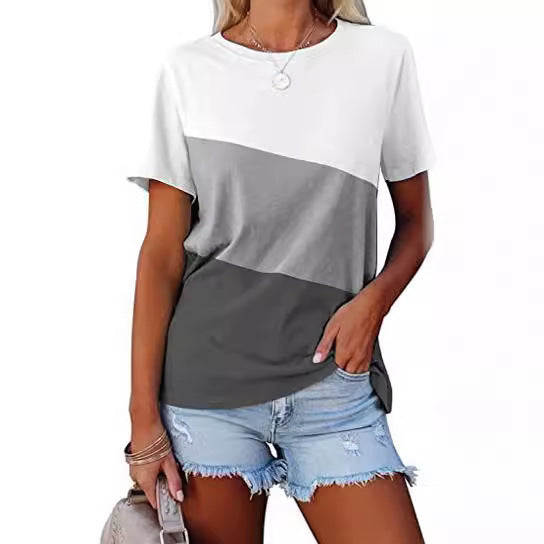 Spring And Summer Color-block Crew Neck Loose Casual Short-sleeved T-shirt