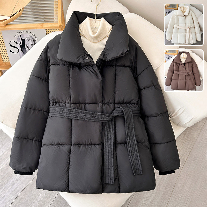 Warm Lapel Plaid Coat With Belt Design Fashion Thick Jacket Winter Women's Clothing