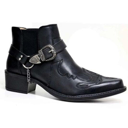 Fashion Personality Belt Buckle Thick Heel Pointed Men's Boots