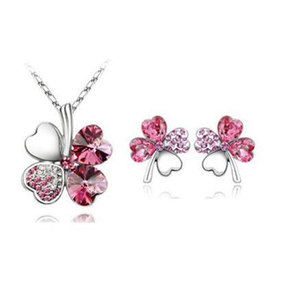 Four-leaf clover crystal necklace earrings