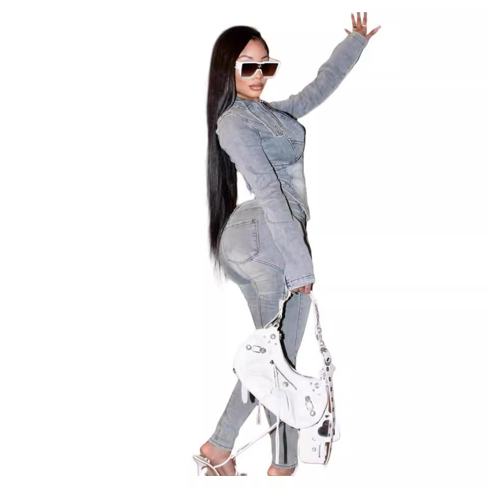 Denim Long-sleeved Tops Elastic Pants Suit