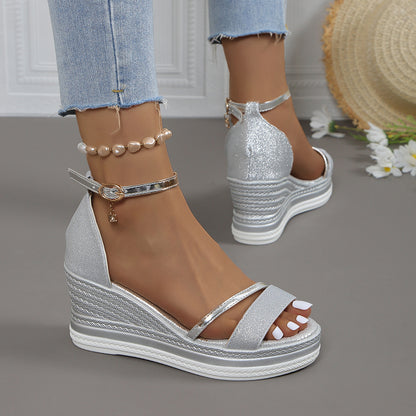 Women's Thick-soled Peep Toe Buckle Rhinestone Bag Heel Muffin Sandals