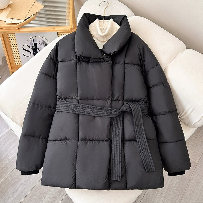 Warm Lapel Plaid Coat With Belt Design Fashion Thick Jacket Winter Women's Clothing