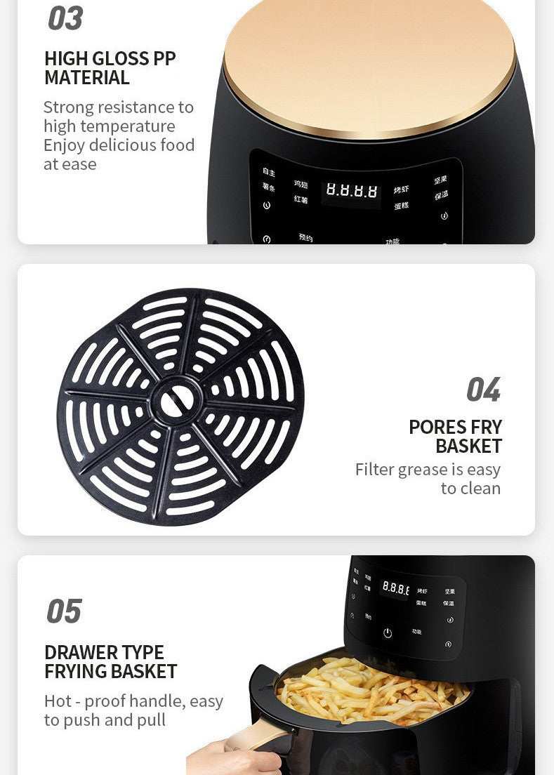 Air Fryer Smart Touch Home Electric Fryer
 Product information:
  
 


 Control mode: touch
 
 Heating mode: heating by heating pipe
 
 Safety function: automatic power-off
 
 Rated power: 1400W
 
 Body matAppliancesShoparamas.comAir Fryer Smart Touch Home Electric Fryer