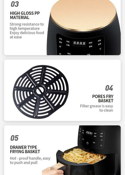 Air Fryer Smart Touch Home Electric Fryer
 Product information:
  
 


 Control mode: touch
 
 Heating mode: heating by heating pipe
 
 Safety function: automatic power-off
 
 Rated power: 1400W
 
 Body matAppliancesShoparamas.comAir Fryer Smart Touch Home Electric Fryer