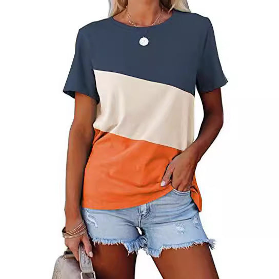 Spring And Summer Color-block Crew Neck Loose Casual Short-sleeved T-shirt