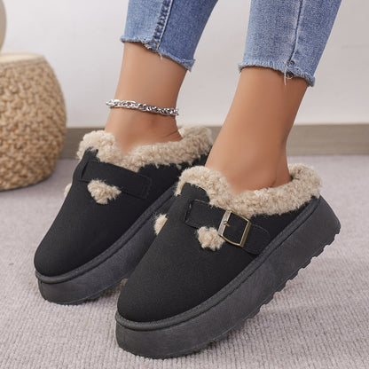 Fashion Thick-soled Plush Buckle Cotton Slippers Winter Indoor And Outdoor Casual Warm Shoes Women Garden Slipper