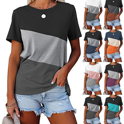 Spring And Summer Color-block Crew Neck Loose Casual Short-sleeved T-shirt