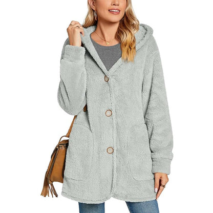 European And American Plush Hooded Button Pocket Cardigan Casual Coat