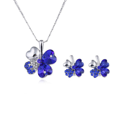 Four-leaf clover crystal necklace earrings