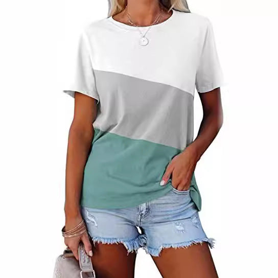 Spring And Summer Color-block Crew Neck Loose Casual Short-sleeved T-shirt