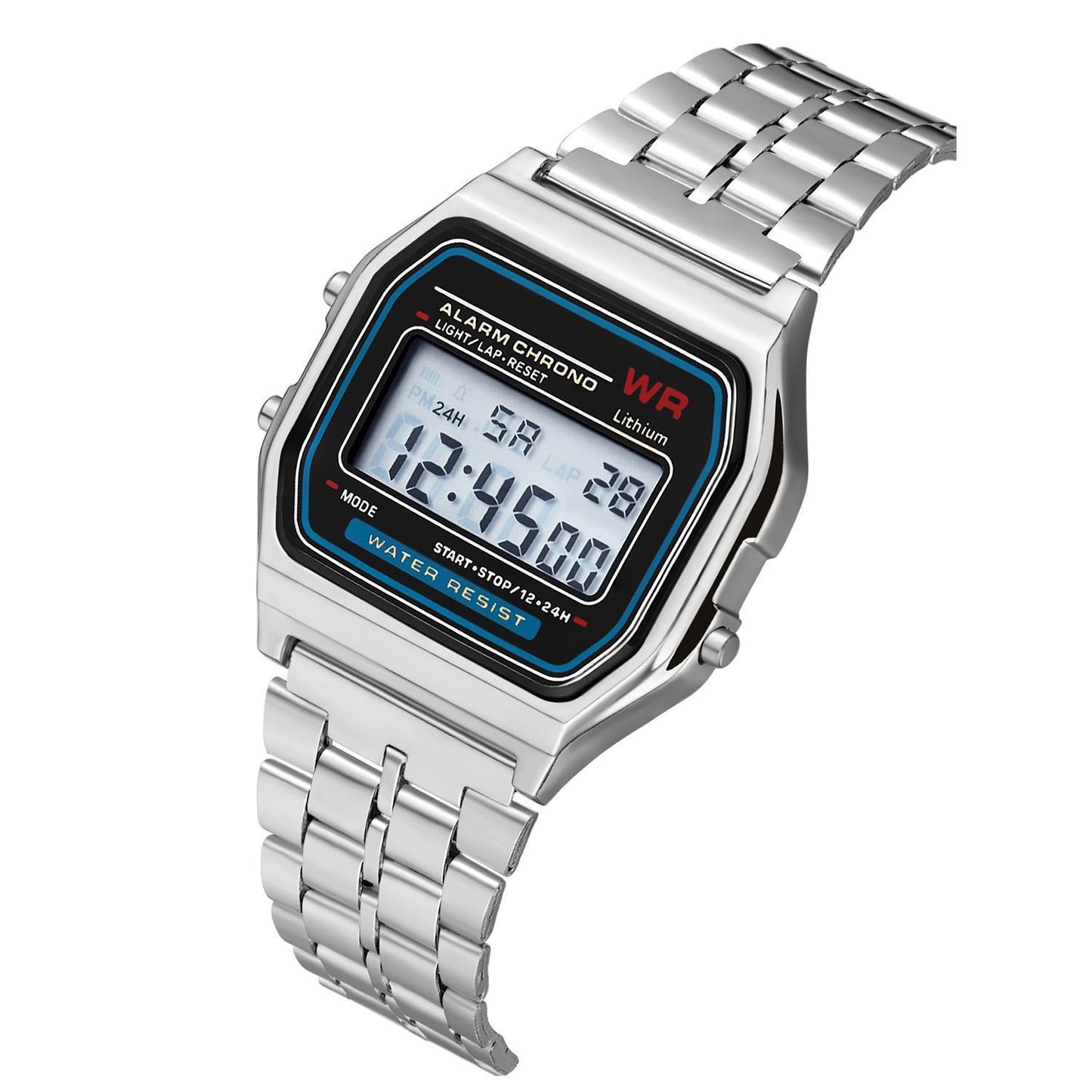 WR F91W Steel Band Electronic Watch
 Display type: Number
 
 Waterproof: No
 
 Movement type: Electronic
 
 Thickness: 10mm
 
 Dial diameter: 20mm
 
 Crown Type: Spiral Crown
 
 Mirror material: plast0Shoparamas.comWR F91W Steel Band Electronic Watch