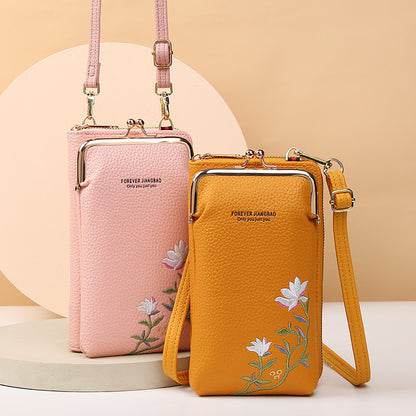 Flower Embroidery Phone Bag With Lock Buckle Outdoor Long Wallet Fashion Shoulder And Crossbody Bags