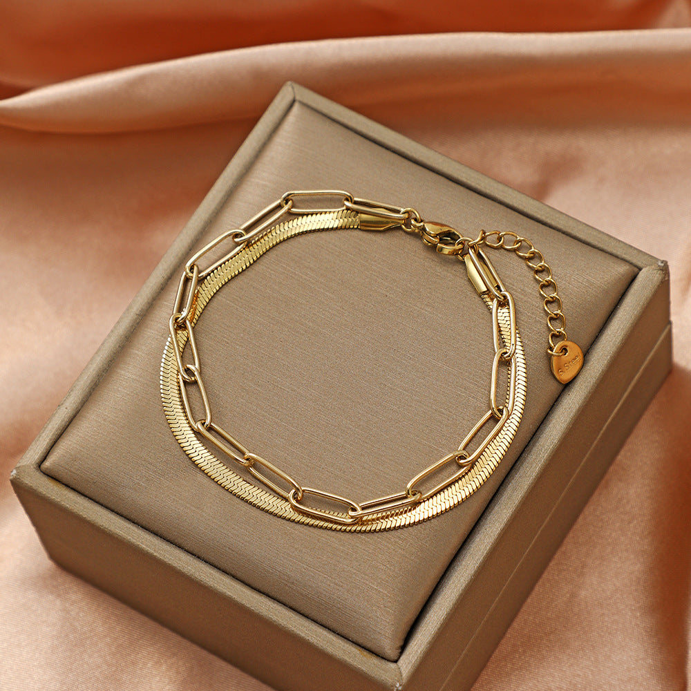 European And American Stainless Steel Bracelet Female
 Product information:
 
 Treatment Process: Electroplating
 
 Color: gold, steel
 
 Applicable population: Female
 
 Suitable for gift-giving occasions: trade fairsWomen's JewelryShoparamas.comAmerican Stainless Steel Bracelet Female