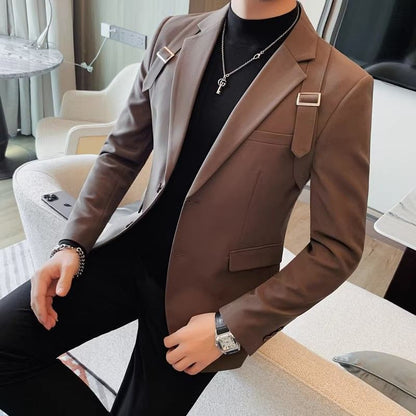 Design Strap Casual Men's Slim Jacket
 Product information:
 
 Color: Black, Brown
 
 Size: M [45.00kg-55.00kg],L [55.00kg-65.00kg],XL [65.00kg-75.00kg],2XL [75.00kg-85.00kg],3XL [85.00kg-95.00kg], 4XL Clothing & Apparel for MenShoparamas.comDesign Strap Casual Men'