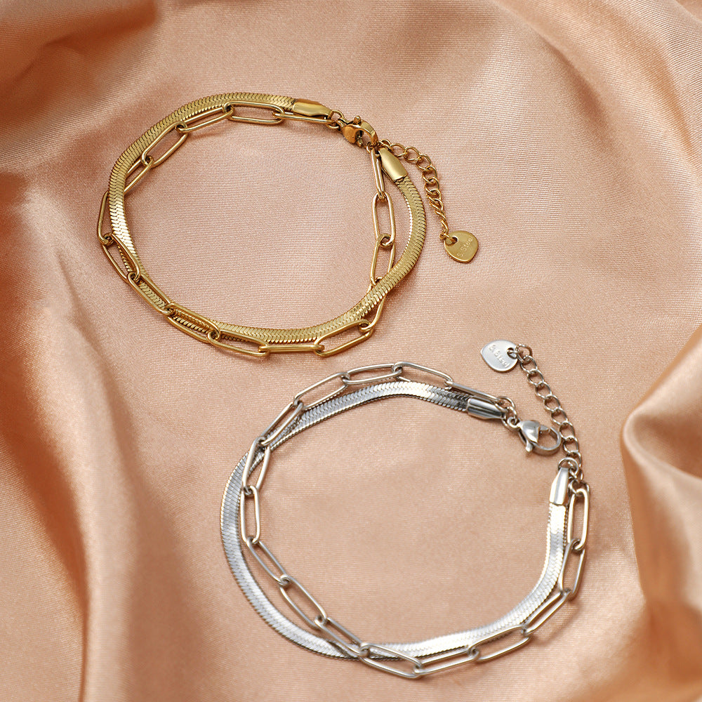 European And American Stainless Steel Bracelet Female
 Product information:
 
 Treatment Process: Electroplating
 
 Color: gold, steel
 
 Applicable population: Female
 
 Suitable for gift-giving occasions: trade fairsWomen's JewelryShoparamas.comAmerican Stainless Steel Bracelet Female