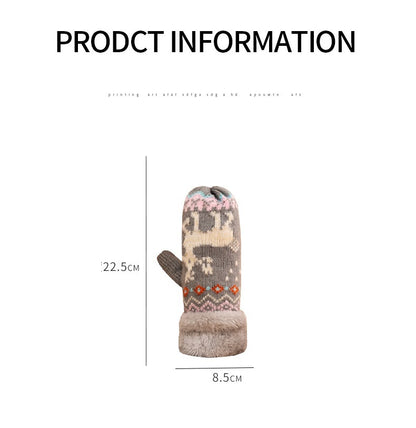 Finger Gloves Women's Winter Student Cartoon Bag Finger Knitted Wool Halter Fleece Lined Padded Warm Keeping Riding