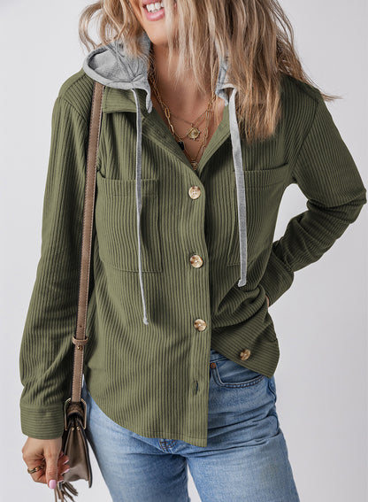 Lapel Buckle Cardigan Pouch Hooded Drawstring Striped Coat