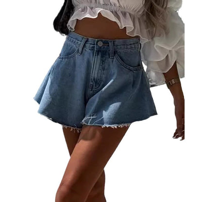 Ripped Denim Shorts Women's Wide Leg Fringe