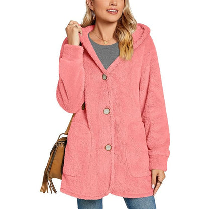 European And American Plush Hooded Button Pocket Cardigan Casual Coat