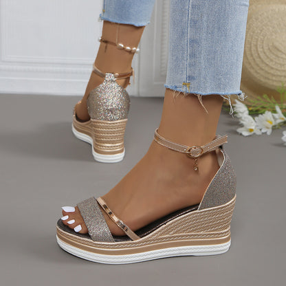 Women's Thick-soled Peep Toe Buckle Rhinestone Bag Heel Muffin Sandals