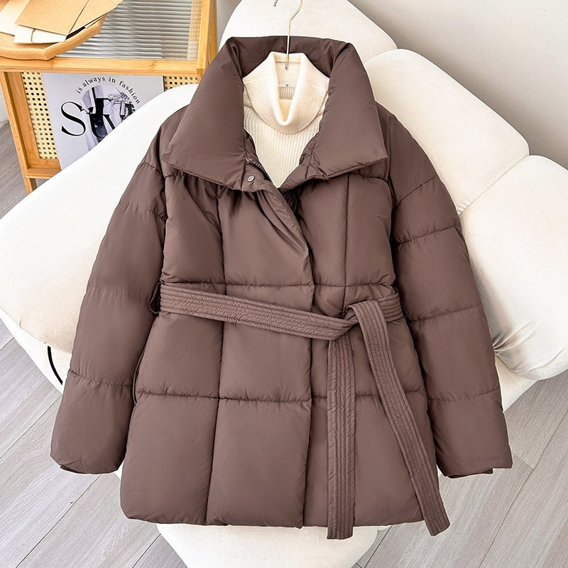 Warm Lapel Plaid Coat With Belt Design Fashion Thick Jacket Winter Women's Clothing